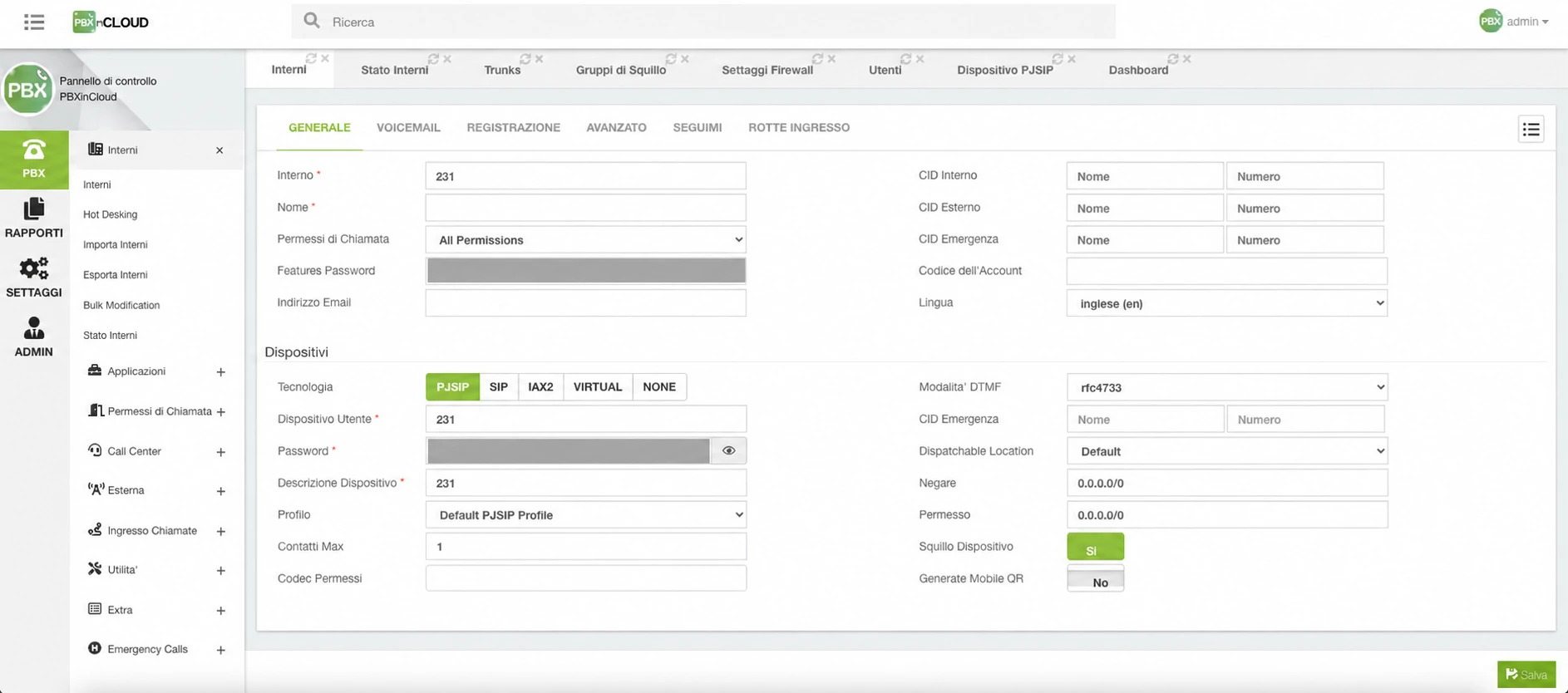 Gestione degli interni nel pannello PBX in Cloud