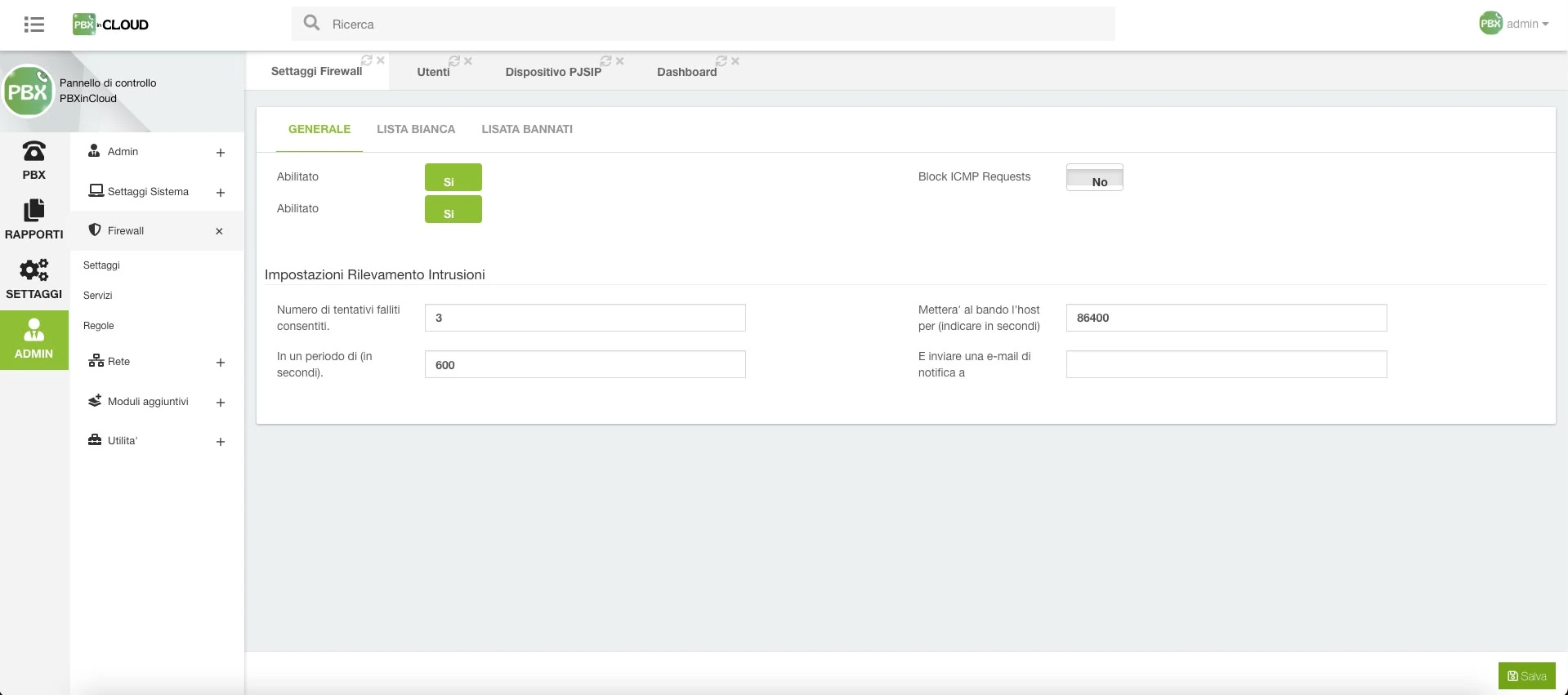 Sicurezza e accessi nel pannello PBX in Cloud